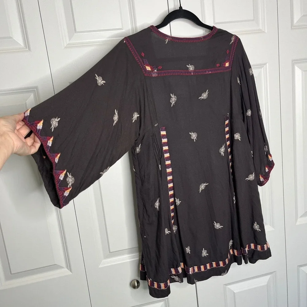 Free People Pavlo Mini Dress Small Black Embroidered Bell Sleeve Boho